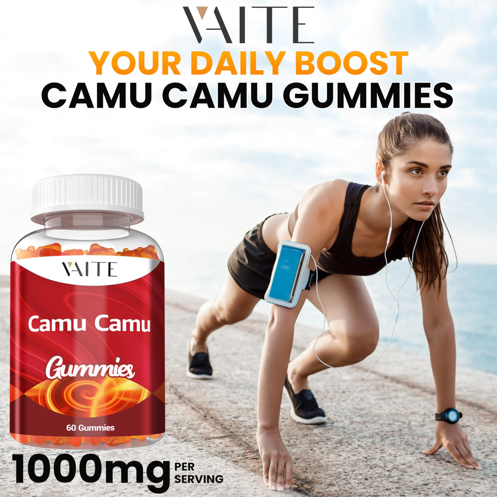 Active woman exercising with Camu Camu gummies nearby