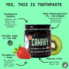 Close-up of a Strawberry Kiwi toothpaste tablet by Canary