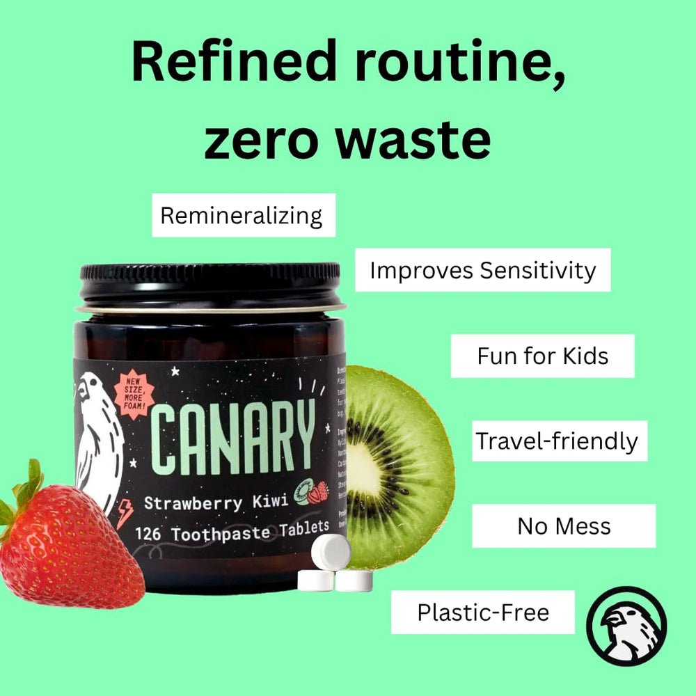Nine-pack Canary Strawberry Kiwi toothpaste tablets ideal for travel