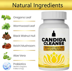 Candida Cleanse capsules close-up shows probiotic blend aiding digestion.