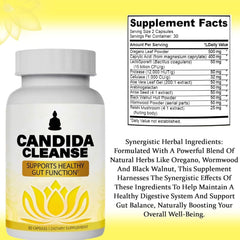 Candida Cleanse herbal blend illustration showcases support for intestinal balance.