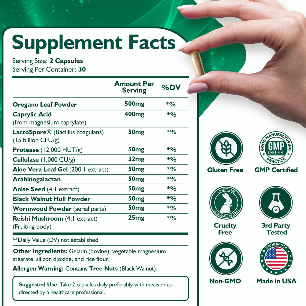Label displaying ingredients of Candida Complex supplement