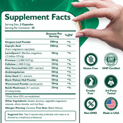 Label displaying ingredients of Candida Complex supplement