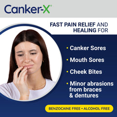 Product packaging highlighting benzocaine-free and alcohol-free formula