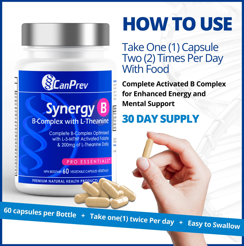 Spirulina powder beside CanPrev Synergy B Complex bottle