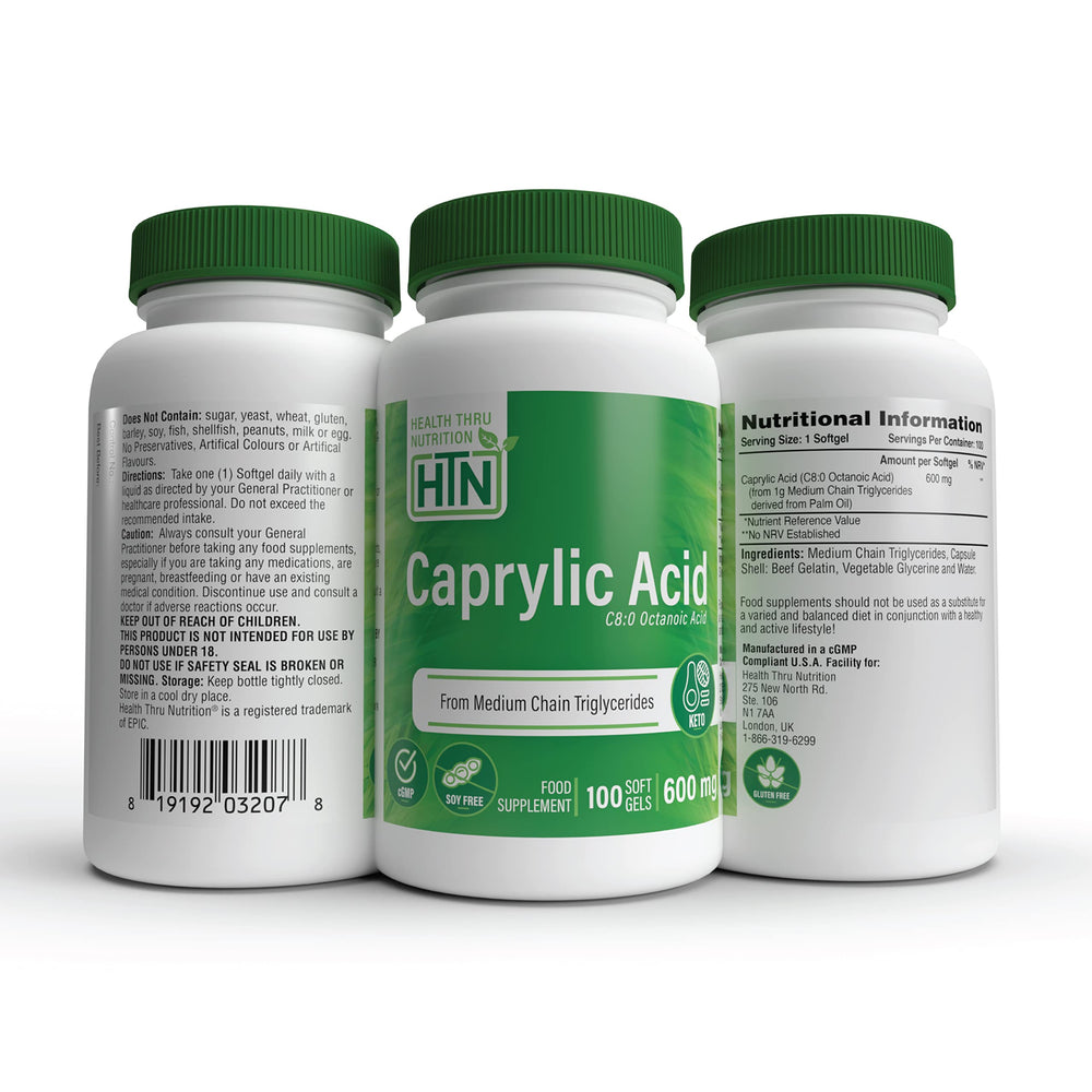 MCT oil and Caprylic Acid 600 mg packaging showing Non-GMO Soy Free