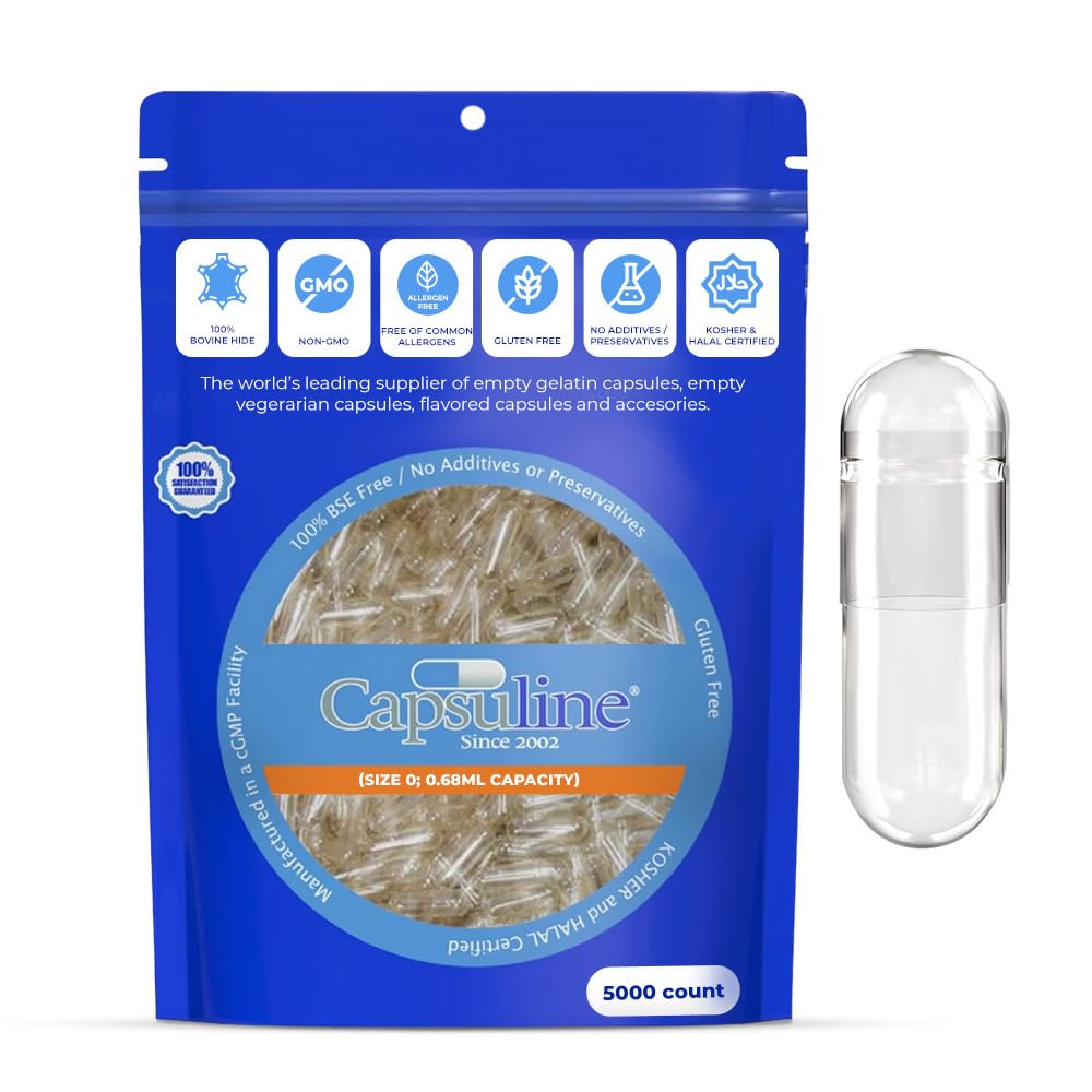 Front view of Capsuline size 0 empty gelatin capsules clear 5000 count