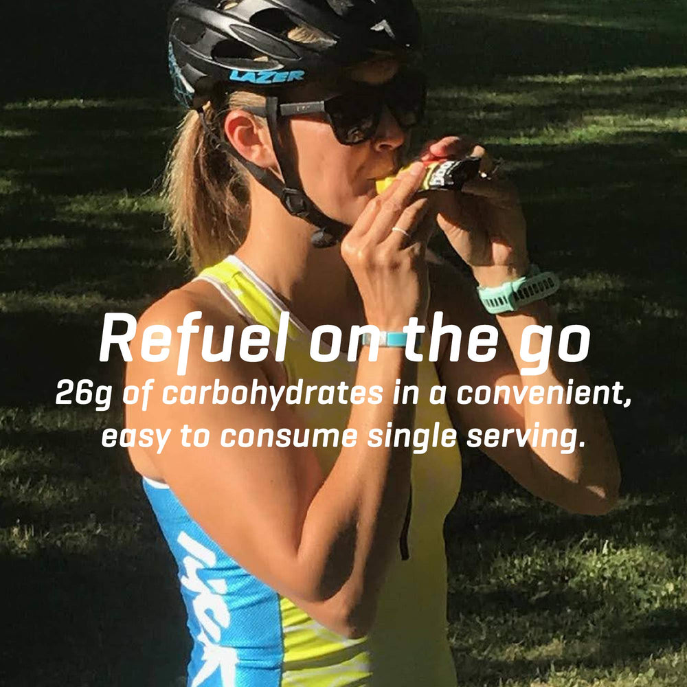 Carb Boom energy gel fueling an athlete mid-ride