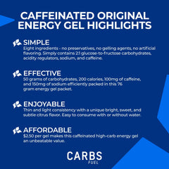 Carbs Fuel caffeinated original gels pack highlights 50g carbs per gel.