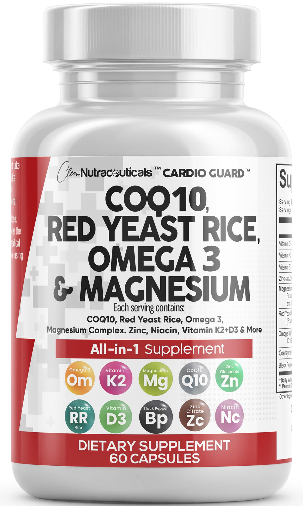 CardioGuard bottle displaying CoQ10, red yeast rice, omega-3, and magnesium ingredients