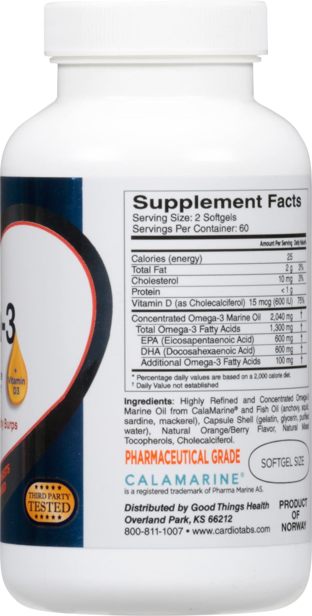 Nutrition facts panel for Cardiotabs Omega-3 + Vitamin D3