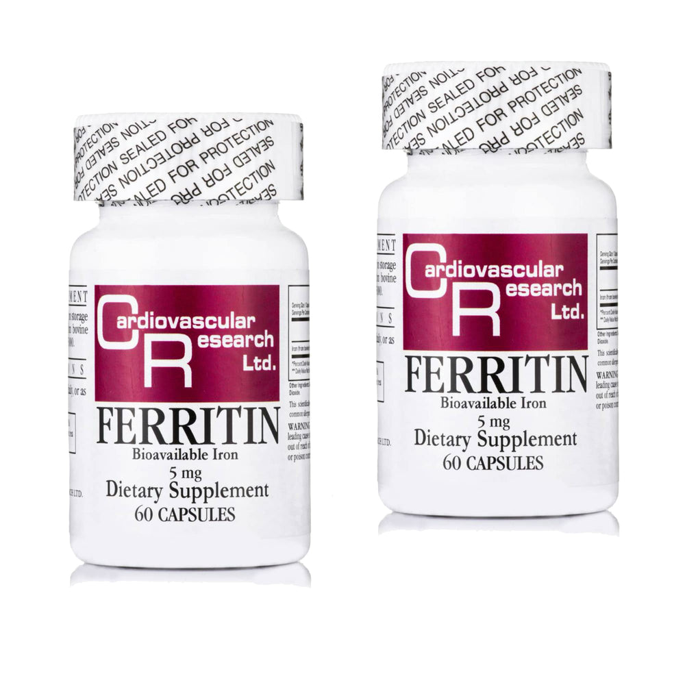Front view of Cardiovascular Research Ferritin Iron Supplement two-pack bottle (5 mg ferritin, 120 capsules per bottle).