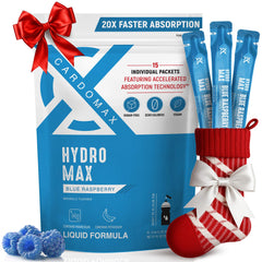 CardoMax Hydromax blue raspberry packets for quick, sugar-free hydration during workouts.