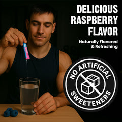 CardoMax Hydromax raspberry sticks dissolving in water for quick refreshment.