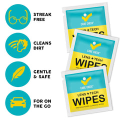 Eyeglasses and laptop screens cleaned with Care Check Lens Wipes
