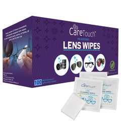 Care Touch lens wipes box with 100 individually wrapped wipes