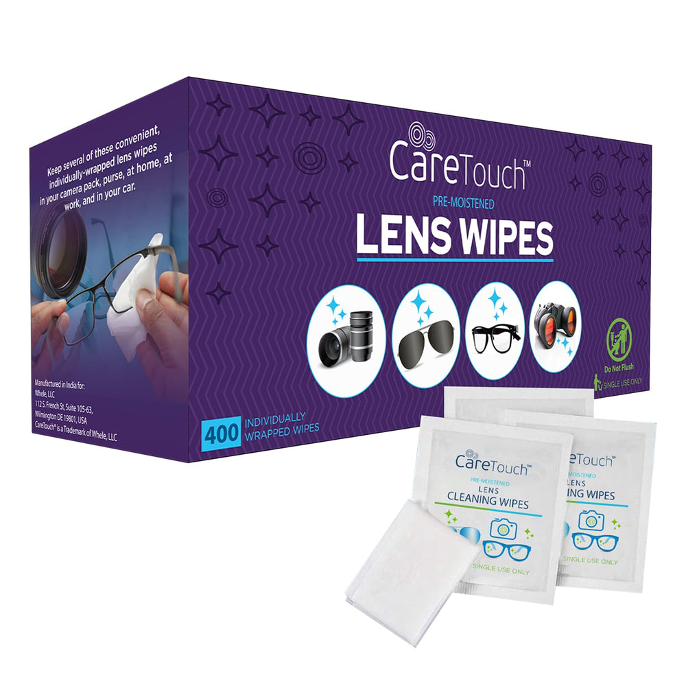 Care Touch lens wipes box containing 400-count packaging