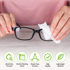 Streak-free cleaning action on eyeglasses showcased