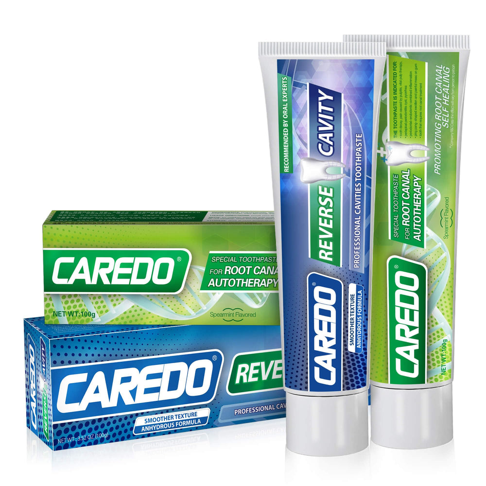 CAREDO Dual Toothpaste Set packaging and front view on white background