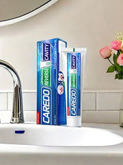 Lifestyle scene of CAREDO toothpaste for home, travel, or school