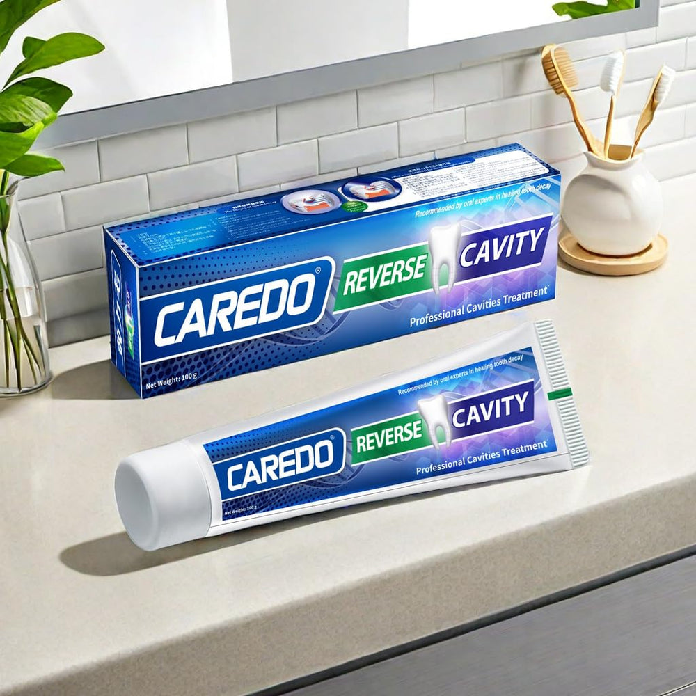 Fluoride-free label on CAREDO toothpaste packaging