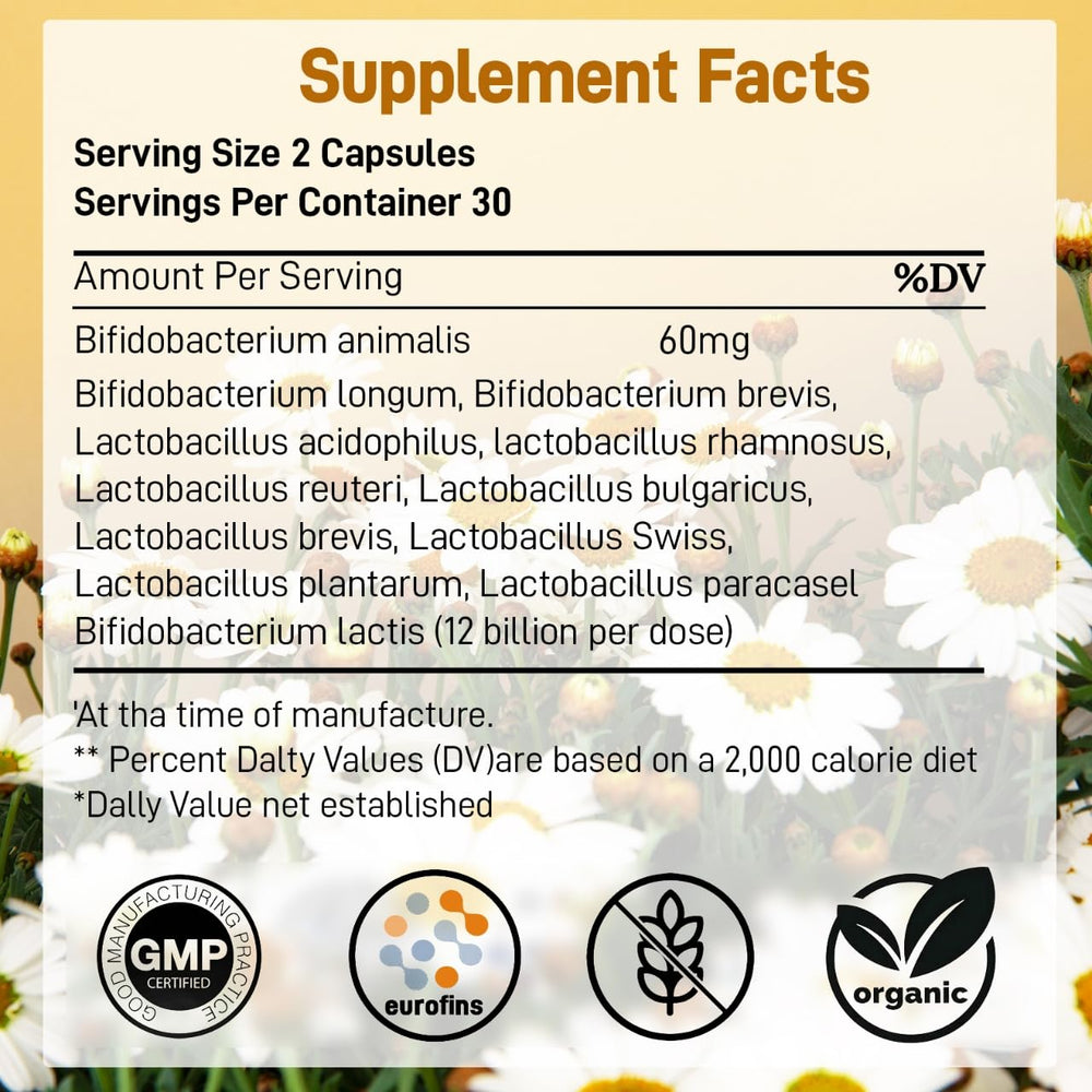 Label highlighting 12 Billion CFUs and 12 probiotic strains