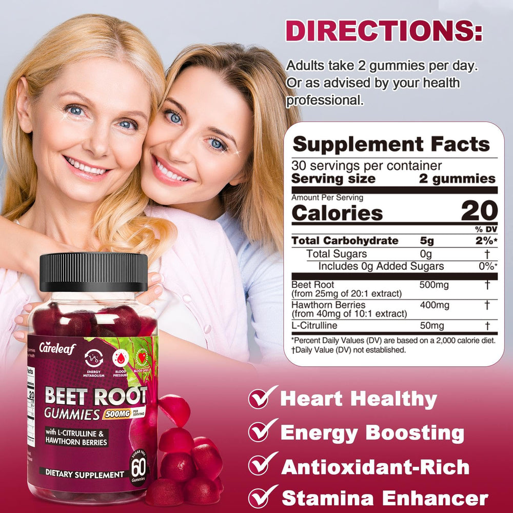 Beet root gummies with peach flavor displayed on white background