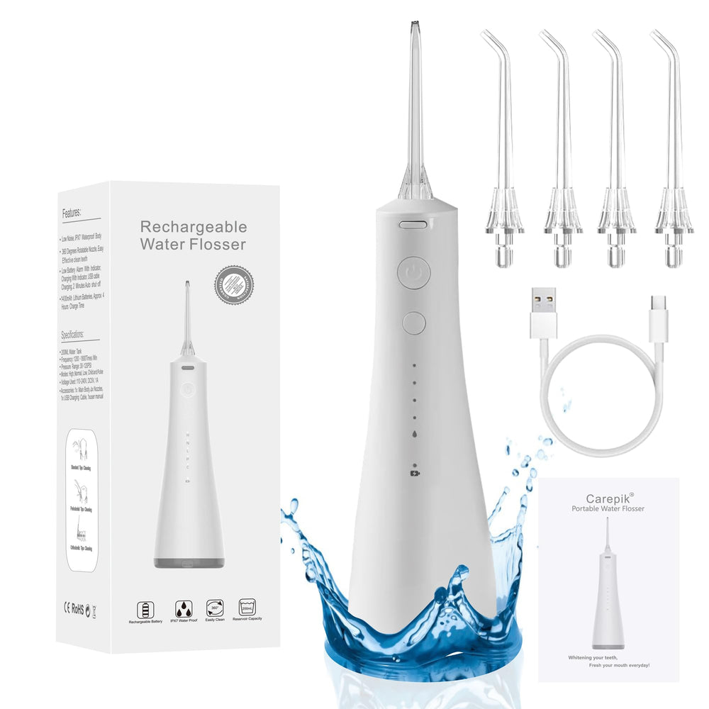 Carepik cordless water flosser with 5 models, IPX7 waterproof, and 4 jet tips