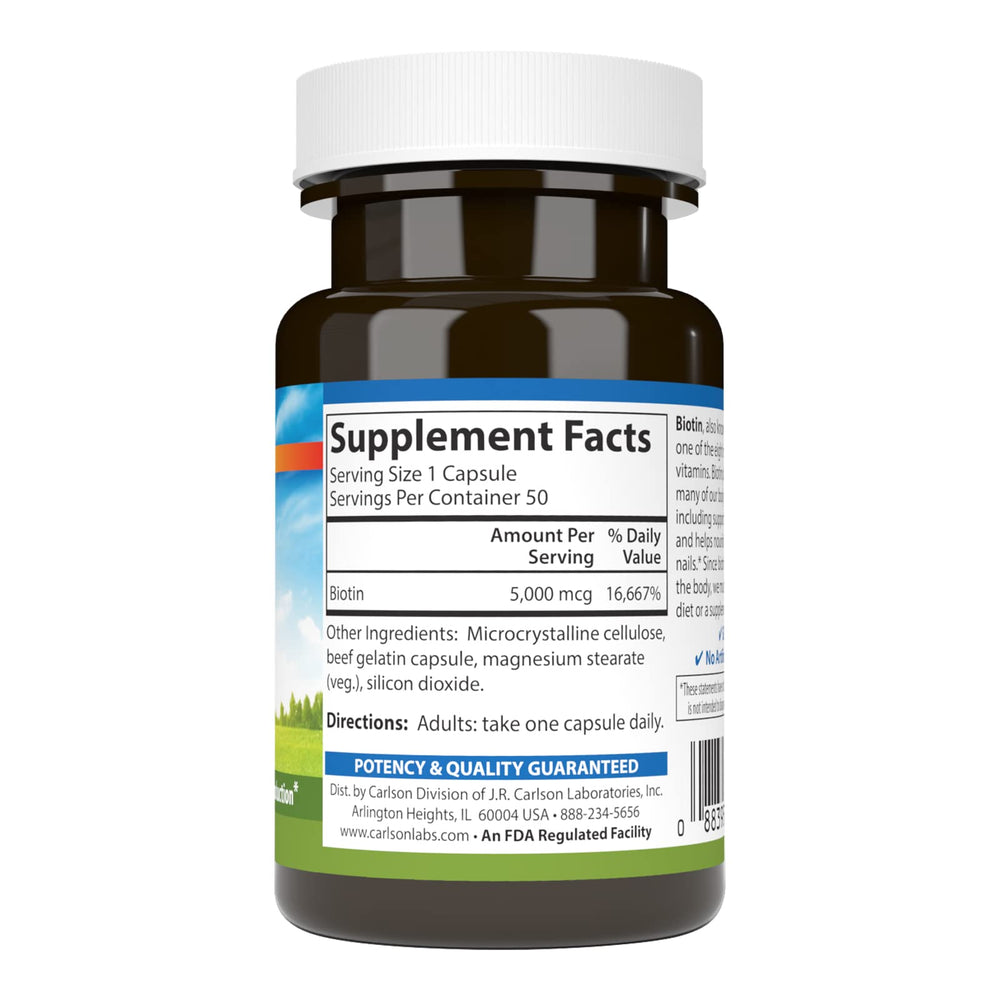 Carlson Biotin 5000 mcg bottle back label