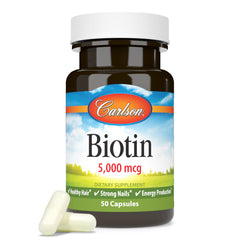 Carlson Biotin 5000 mcg bottle with product label