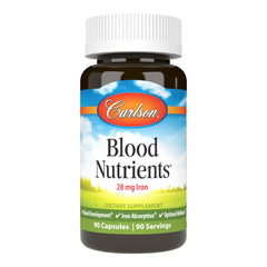 Carlson Blood Nutrients bottle front shows iron-rich capsules for daily support.