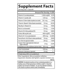 Carlson Blood Nutrients ingredients chart emphasizes vitamins, minerals, and hemoglobin.