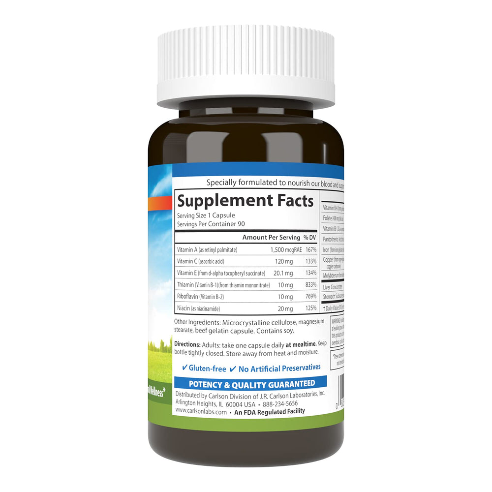 Carlson Blood Nutrients label closeup highlights iron and hemoglobin blend.