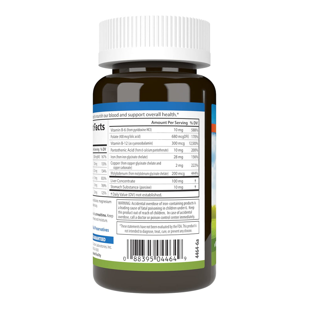 Carlson Blood Nutrients label closeup highlights iron and hemoglobin blend.