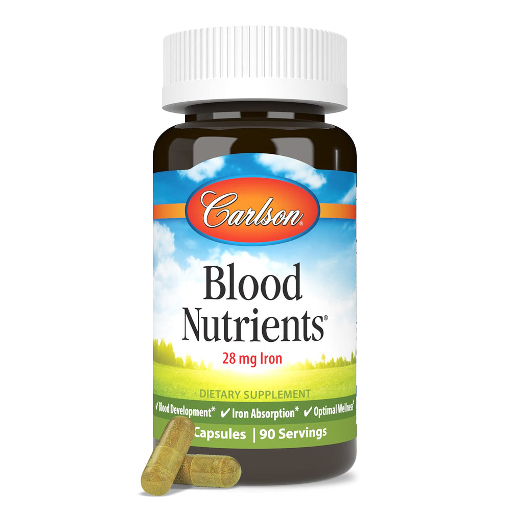 Carlson Blood Nutrients packaging box communicates potency and quality guarantee.