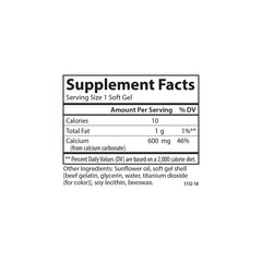Carlson Cal-600 bottle label close-up emphasizing 600 mg calcium per softgel