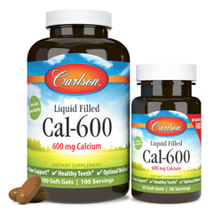 Carlson Cal-600 softgel bottle highlights 600 mg calcium for bone and teeth support.