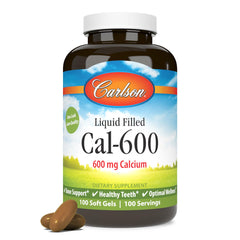 Carlson Cal-600 closeup on softgel texture underscores potency and quality.