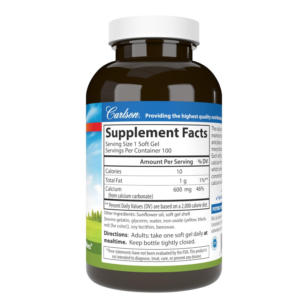Carlson Cal-600 softgels bottle label emphasizes 600 mg calcium per softgel for wellness.