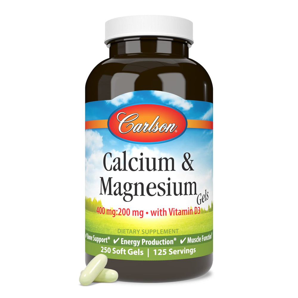 Carlson Calcium & Magnesium Gels bottle with label showing 2:1 Ca:Mg ratio