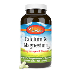 Carlson Calcium & Magnesium Gels bottle with label showing 2:1 Ca:Mg ratio