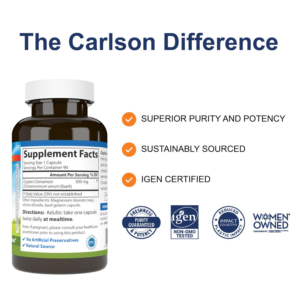 Close-up of Carlson Ceylon Cinnamon 500 mg capsule