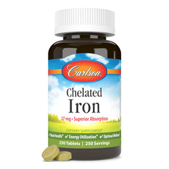 Carlson Labs Chelated Iron 27mg in-use scene with a glass of water.