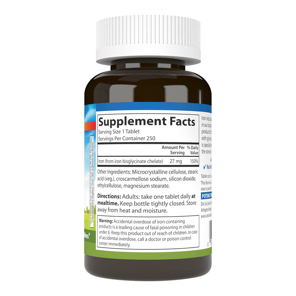 Carlson Labs Chelated Iron 27mg label close-up highlighting purity and quality.