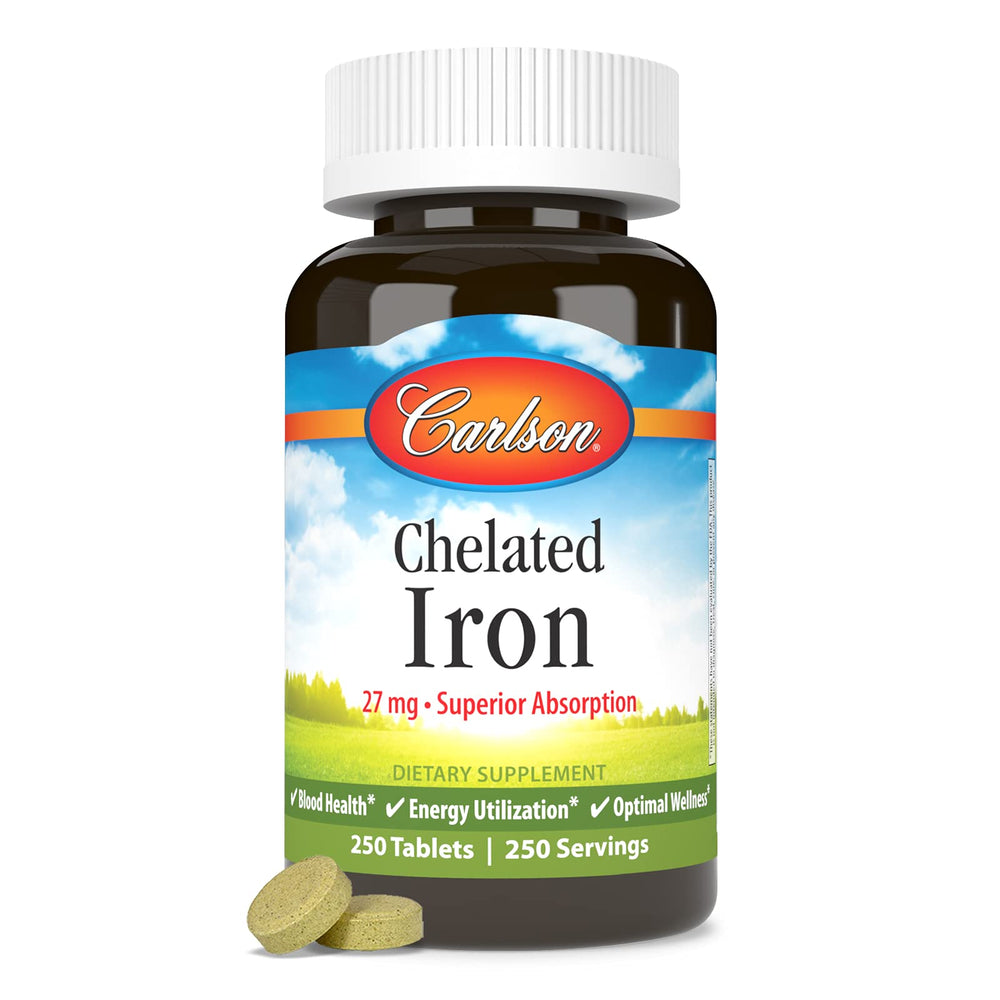 Carlson Chelated Iron bottle back nutrition – read serving details for informed use