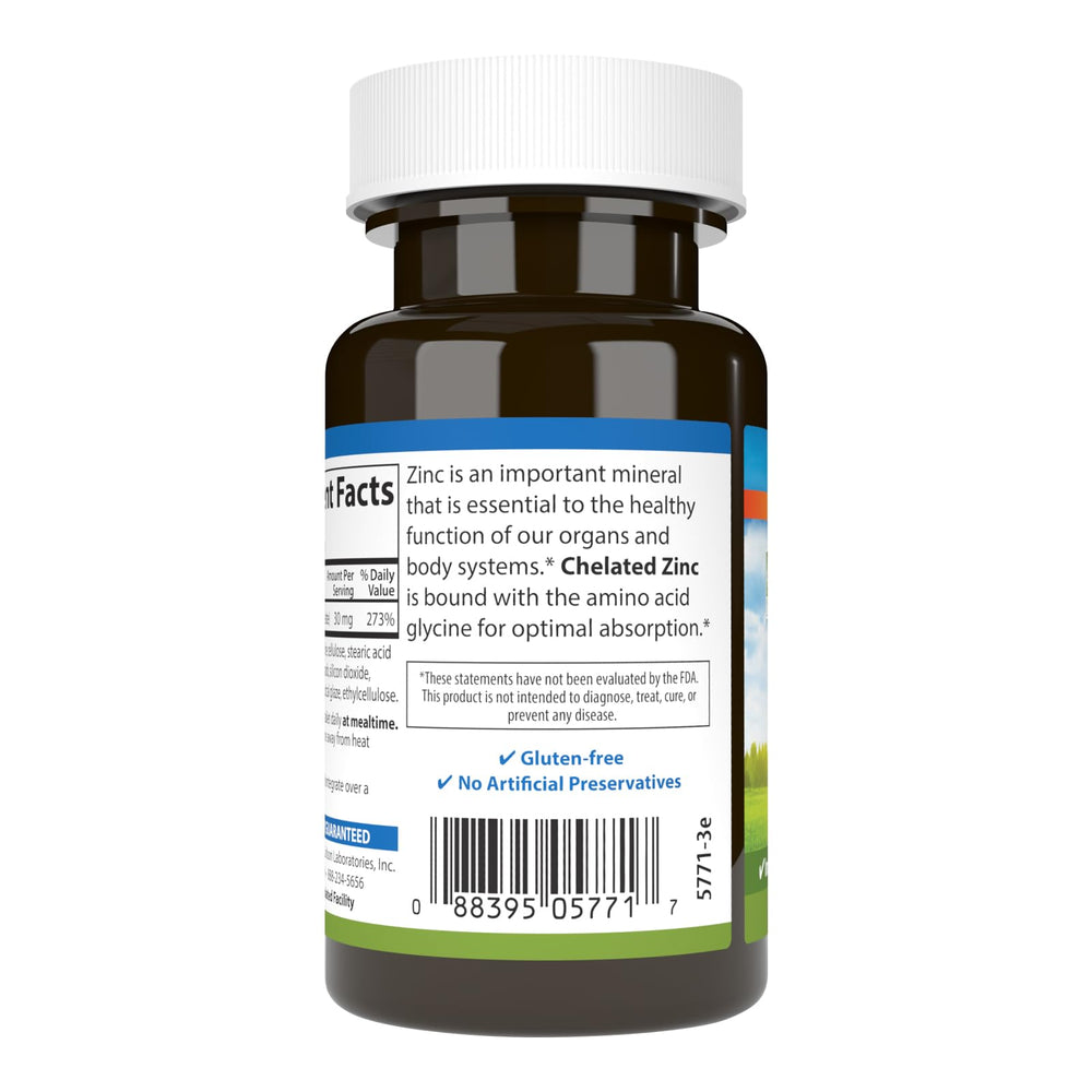 Nutrition label highlighting 30 mg zinc per tablet