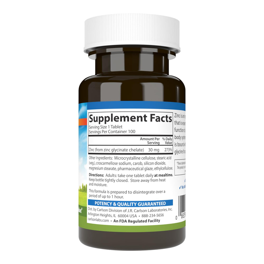 Carlson chelated zinc 30 mg label communicates quality and potency