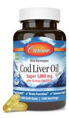 Bottle of Carlson Cod Liver Oil 1000 mg with softgels - Wild Norwegian Arctic cod