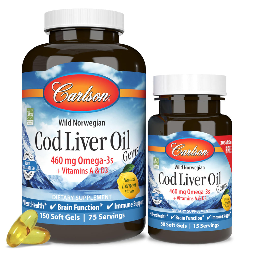 Carlson Cod Liver Oil Gems Lemon flavor bottle with 150 + 30 softgels