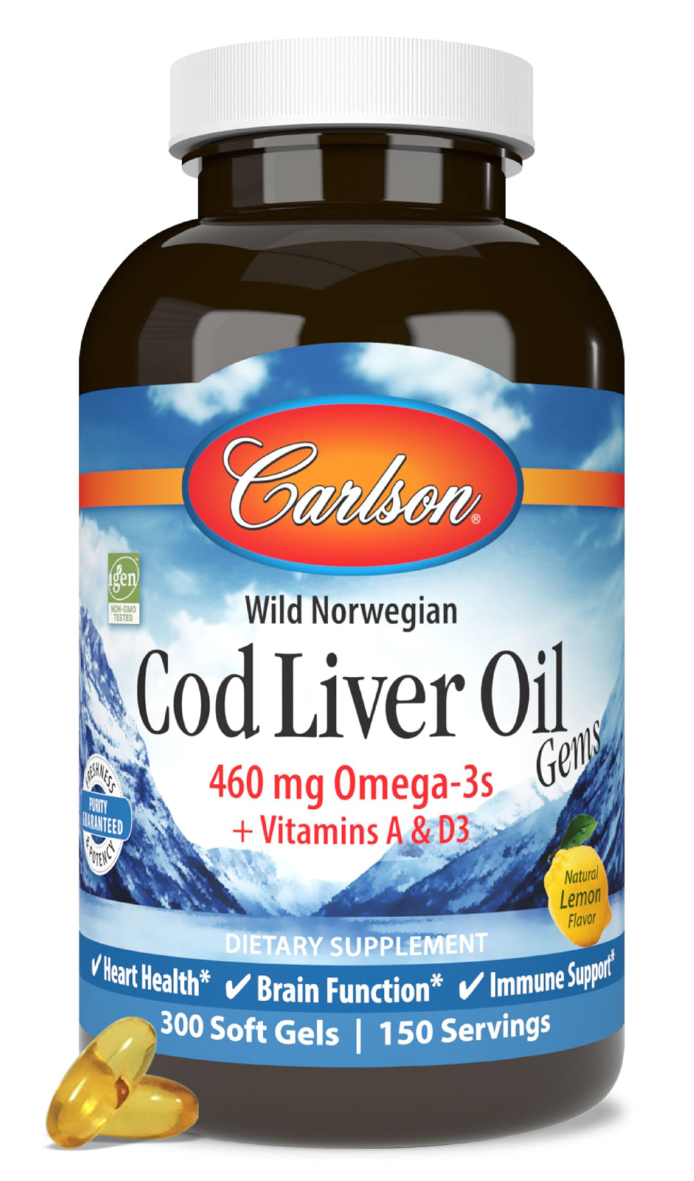 Carlson cod liver oil lemon bottle highlights daily omega-3 support.